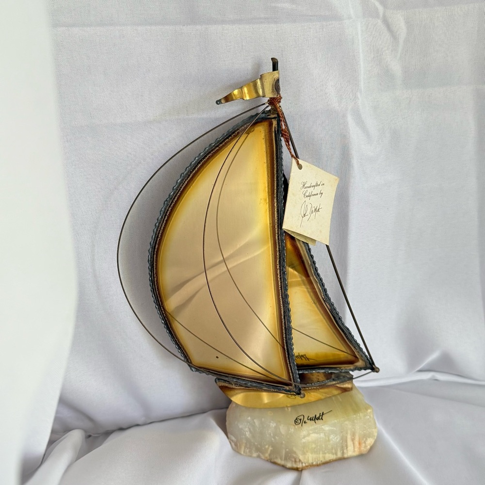 Vintage Signed Demott Brass Marble Sailboat Spinnaker Sculpture‎ Mid Century 15”